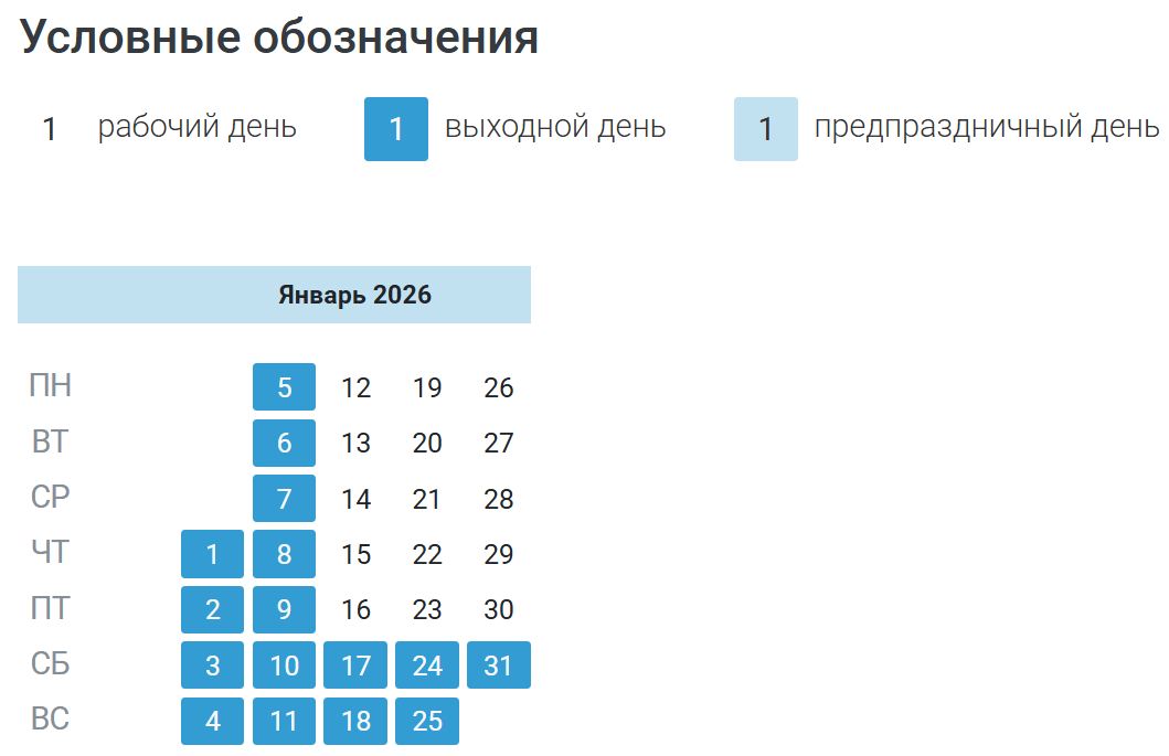 Производственный календарь на январь 2026 года Производственный календарь на январь 2026 года